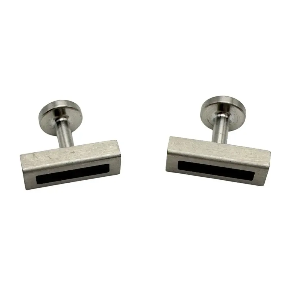 Vintage Brutalist Modernist Bar Cufflinks Brushed Aluminum Brushed Black Inlay